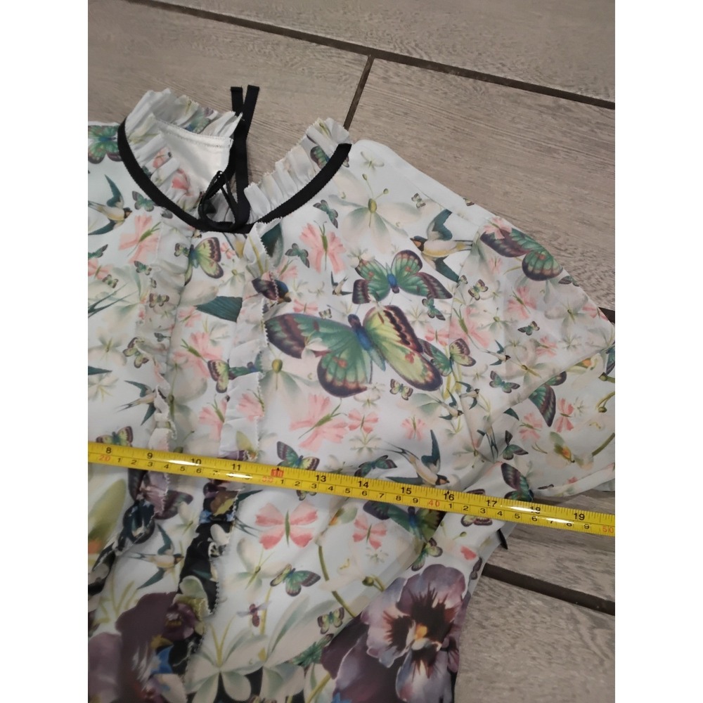 Ted Baker Floral Butterfly Chiffon Mini Dress Ruffle Neck Long Sleeve Multi US 8 - Picture 10 of 13